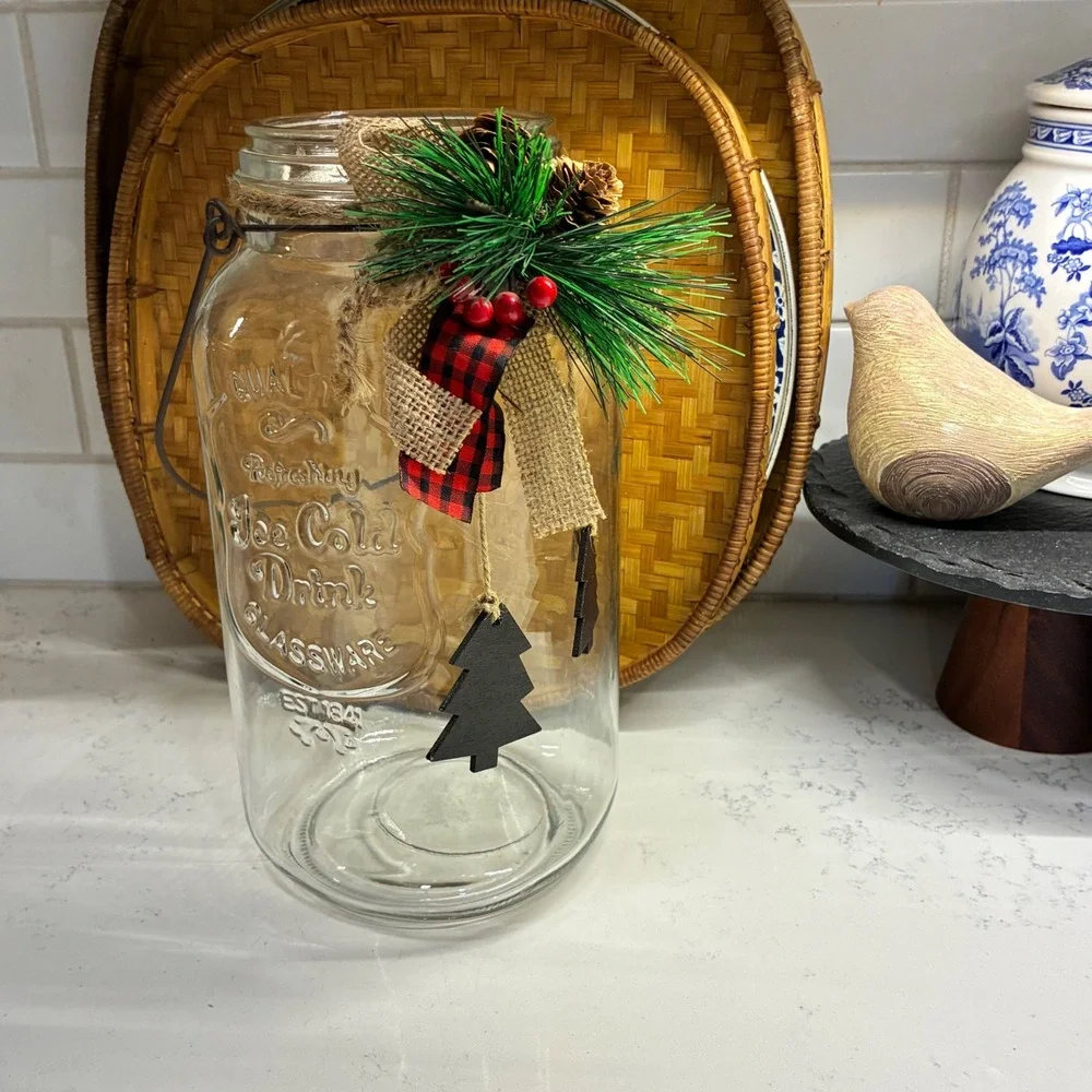 Lg Glass Decorative Jar Rustic Xmas Farmhouse Country Winter Cottage Primitive